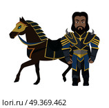 Cartoon knight warrior with horse. Stylized fantasy game medieval character. War concept. For computer games, mobile appliances. Part of series of game objects in flat design. Vector illustration.. Cartoon Knight Warrior with Horse. Game Character. Стоковая иллюстрация, агентство Ingram Publishing / Фотобанк Лори