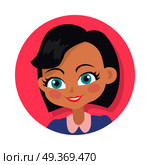 Smiling girl with black bob haircut avatar userpic. Dark forelock. Portrait of nice female person in violet blouse. Green eyes. Simple cartoon style. Girl in round button. Flat design. Vector. Smiling Girl with Bob Haircut. Isolated Portrait. Стоковая иллюстрация, агентство Ingram Publishing / Фотобанк Лори