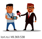 Media workers character vector. Flat style design. TV journalist, photographer, reporter illustration. Live broadcast, breaking news concept. Journalistic profession. Isolated on white background.. Media Workers Characters Vector Illustration. Стоковая иллюстрация, агентство Ingram Publishing / Фотобанк Лори