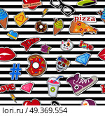 Seamless pattern male colourful rap cap, violet sport footwear, pizza, bitten doughnut, muzzle of cat, human skull with flower, diamond, lips, glasses, ice cream, love, cocktail, thunder sign hashtag. Cap, Sport Footwear, Pizza, Doughnut, Cat, Skull. Стоковая иллюстрация, агентство Ingram Publishing / Фотобанк Лори