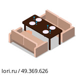 Restaurant. Simply laid table and two leather sofas without people, decorations. Before celebration. Covered platen for four people. Four white plates and glasses on wooden table. Flat design. Vector.. Restaurant. Inteior. Laid Table and Two Sofas. Стоковая иллюстрация, агентство Ingram Publishing / Фотобанк Лори