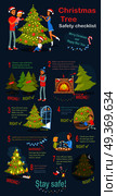Christmas tree safety cheklist. Merry Christmas and happy New Year. Instructions how to deel with xmas tree. Practical guide to safety. Check again any damages that may have occur. Vector illustration. Christmas Tree Safety Cheklist. Instruction Vector. Стоковая иллюстрация, агентство Ingram Publishing / Фотобанк Лори