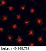 Seamless pattern of red fireworks on dark blue background. Vector illustration of many alike New Year decorations endless texture in flat design. Merry Christmas attributes wallpaper in cartoon style. Seamless Pattern of Red Fireworks on Dark Blue. Стоковая иллюстрация, агентство Ingram Publishing / Фотобанк Лори