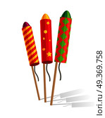 Colourful exploding red, green and golden rockets isolated on white background in cartoon style flat design. Collection of fireworks an New Year attributes decorations. Vector illustration of salute. Colourful Exploding Rockets Isolated on White Background. Стоковая иллюстрация, агентство Ingram Publishing / Фотобанк Лори