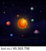 Solar system with stars, Sun, Pluto, Neptune, Uranus, Venus, Mercury, Saturn, Jupiter, Mars, Earth and Moon on orbit. Planets in orbit around the sun. Set of planets Solar system background. Solar System with Sun and Planets on Orbit. Стоковая иллюстрация, агентство Ingram Publishing / Фотобанк Лори