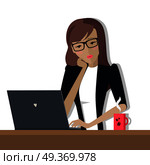 Young woman works on his laptop in office, sitting at desk, looking at computer monitor screen. Young woman in glasses personage. Vector illustration in flat design isolated on white background. Business Woman Works on His Laptop. Стоковая иллюстрация, агентство Ingram Publishing / Фотобанк Лори
