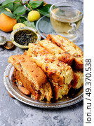 Variety of biscotti - cantucci, cantuccini, kind of biscuit, with the addition of almonds and dried fruits. Italian cantuccini cookies. Стоковое фото, агентство Ingram Publishing / Фотобанк Лори