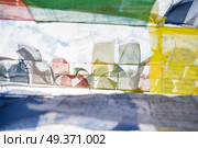 Many colorful waving prayer flags suspended between trees. Стоковое фото, агентство Ingram Publishing / Фотобанк Лори