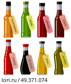 Oriental sauce kinds in glass transparent bottles on white. Bottles of yellow and red habanero, green wasabi, brown chipotle, ruddy cayenne, soy sauce, yellow fatalii and green jalapeno vector set. Oriental Sauce Kinds in Glass Transparent Bottles. Стоковая иллюстрация, агентство Ingram Publishing / Фотобанк Лори