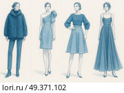 Elegant fashion sketch series of women dresses in refined blue pencil style, showcasing couture silhouettes and inspiration for formal wear design portfolios. Стоковое AI-изображение, AI-художник Александра Троицкая / Фотобанк Лори