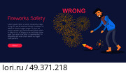 Fireworks safety, man is leaning to dangerous burning New Year rocket on ground on blue background. Vector illustration of cartoon man not knowing precautions and risking his life. Web banner.. Fireworks Safety, Man Wrong Using Rocket on Ground. Стоковая иллюстрация, агентство Ingram Publishing / Фотобанк Лори
