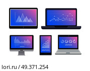 Graphics on technological equipments on white. Rising and falling column charts, triangular and round diagrams shown on gadgets displays. Vector poster of laptops, smartphone and computer screen. Graphics on Technological Equipments on White. Стоковая иллюстрация, агентство Ingram Publishing / Фотобанк Лори