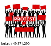 Protest by group of protester silhouette on white. Vector illustration of people in black colour holding red posters and raising their hands. People disagreement and disapproval expressed in protest. Protest by Group of Protester Silhouette on White. Стоковая иллюстрация, агентство Ingram Publishing / Фотобанк Лори