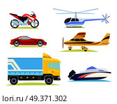 Collection of different means of transportation in cartoon style. Motorbike and automobile, car truck with helicopter near plane. Motorboat transport sale of speed kinds of vehicles in flat design. Means of Transportation. Collection of Pictures. Стоковая иллюстрация, агентство Ingram Publishing / Фотобанк Лори