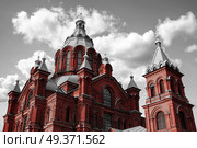 Embankment In Helsinki At Summer Evening, Finland. Uspenski Cathedra. black and red and white photo. Стоковое фото, агентство Ingram Publishing / Фотобанк Лори