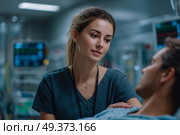 A woman in a blue nurse's uniform comforts a man in a hospital bed. The man is lying on the bed, and it hurts. Стоковое AI-изображение, AI-художник Olga Golub / Фотобанк Лори