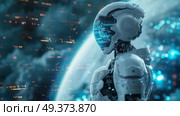 A futuristic female astronaut equipped with an advanced AI interface for space exploration and utilizing hightech gear. Стоковое AI-изображение, AI-художник Anastasy Yarmolovich / Фотобанк Лори