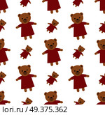 Endless texture with brown teddy bears and white background. Randomly placed soft toys for children wearing red dresses seamless pattern. Wrapping colourful paper for box and present decorating. Endless White Texture with Brown Teddy Bears. Стоковая иллюстрация, агентство Ingram Publishing / Фотобанк Лори
