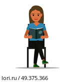 Girl isolated on white sits with crossed legs and reads open book on white. Hobby of knowing and learning new things. Vector illustration in flat style of young woman relaxing with a textbook.. Girl Isolated on White Sits and Reads Open Book. Стоковая иллюстрация, агентство Ingram Publishing / Фотобанк Лори