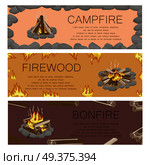 Campfire firewood and bonfire colorful poster. Vector collection of touristic fire with flame kinds pictures with frame of grey stones, burning flame and wooden logs. Burning bonfire template. Campfire Firewood and Bonfire Colorful Poster. Стоковая иллюстрация, агентство Ingram Publishing / Фотобанк Лори