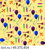Mardi Gras attributes endless colorful vector texture. Collection of violet and blue balloons, striped firework rockets, serpentine lines and maracas elements on beige background seamless pattern.. Mardi Gras Attributes Endless Vector Texture. Стоковая иллюстрация, агентство Ingram Publishing / Фотобанк Лори