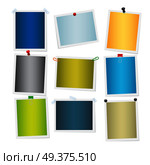 Empty colourful attached photos collection on white. Vector poster of yellow, green, blue, grey and beige pictures with white frames. Decorative elements for interior decoration with empty space. Empty Colourful Attached Photos Collection. Стоковая иллюстрация, агентство Ingram Publishing / Фотобанк Лори