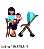 Happy mother feeds little son. Young woman sitting on chair near baby carriage with toddler boy in bib on her knees isolated flat vector. Kid eating porridge illustration for child nutrition concepts. Happy Mother Feeds Little Son Flat Vector. Стоковая иллюстрация, агентство Ingram Publishing / Фотобанк Лори
