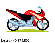 Black and red modern fast motorbike on white background. Two wheels and tyres throttle seat with powerful engine exhaust system footrests fuel system. Isolated on green grass vector illustration. Black and Red Modern Motorbike on White Background. Стоковая иллюстрация, агентство Ingram Publishing / Фотобанк Лори