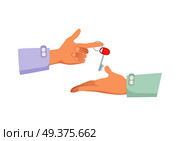 One hand giving key to another. Process of buying renting selling in cartoon style flat design. Vector illustration of two isolated arms with key. Agreement between two people about sales purchase.. One Hand Giving Key to Another. Process of Buying. Стоковая иллюстрация, агентство Ingram Publishing / Фотобанк Лори