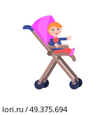 Toddler with red hair sits in pink baby carriage, smiles and lend hand on white background. Cartoon toddler icon. Happy childhood. Mother Day toddler collection isolated vector illustration.. Toddler in Baby Carriage. Mother Day Illustration. Стоковая иллюстрация, агентство Ingram Publishing / Фотобанк Лори