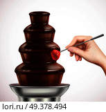 Colored realistic with dip strawberry into chocolate fountain composition or chocolate fondue vector illustration. Dip Strawberry Into Chocolate Fountain Composition. Стоковая иллюстрация, агентство Ingram Publishing / Фотобанк Лори