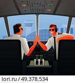 Smiling pilots in sunglasses headphones and uniform in chairs in cabin of plane at airport vector illustration. Pilots In Cabin Of Plane Illustration. Стоковая иллюстрация, агентство Ingram Publishing / Фотобанк Лори