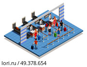 Line people airport isometric composition of flight check-in desk with bag drop counters and passenger characters vector illustration. Airport Check-In Area Composition. Стоковая иллюстрация, агентство Ingram Publishing / Фотобанк Лори
