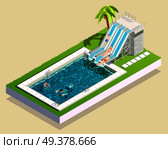 Water park friends isometric composition of outdoor aquapark waterslide running into swimming bath inflated with water vector illustration. Water Park Pool Composition. Стоковая иллюстрация, агентство Ingram Publishing / Фотобанк Лори