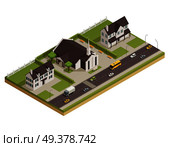 Modern contemporary catholic church white stone building with parking lot and neighboring houses isometric composition vector illustration . Church Cathedral Neighborhood Isometric Composition . Стоковая иллюстрация, агентство Ingram Publishing / Фотобанк Лори