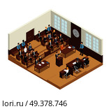 Law justice criminal trial courtroom proceedings with judge jury witness stand and audience isometric composition vector illustration . Law Justice Isometric Composition Poster. Стоковая иллюстрация, агентство Ingram Publishing / Фотобанк Лори