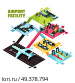Airport facilities isometric composition with security control, registration, luggage service, baggage carousel, planes at airfield vector illustration. Airport Facilities Isometric Composition. Стоковая иллюстрация, агентство Ingram Publishing / Фотобанк Лори