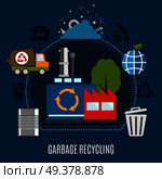 Garbage recycling plant composition with waste deposit metal drum trash bin sanitation car and refuse collection pictograms vector illustration. Refuse Disposal Works Composition. Стоковая иллюстрация, агентство Ingram Publishing / Фотобанк Лори