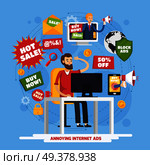 Colored annoying intrusive advertisement orthogonal composition with annoying internet ads and angry user vector illustration. Annoying Intrusive Advertisement Composition. Стоковая иллюстрация, агентство Ingram Publishing / Фотобанк Лори