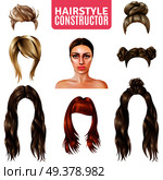 Hairstyles for women constructor including model, long and short hair, in bun, with fringe isolated vector illustration  . Hairstyles For Women Constructor. Стоковая иллюстрация, агентство Ingram Publishing / Фотобанк Лори