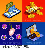 Data encryption cyber security isometric 2x2 design concept with end-to-end encryption and privacy pictograms vector illustration. Digital Currency Design Concept. Стоковая иллюстрация, агентство Ingram Publishing / Фотобанк Лори