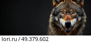 Angry grinning wolf (Canis lupus) on black background. Growling muzzle of a wolf. Стоковое AI-изображение, AI-художник Anastasy Yarmolovich / Фотобанк Лори