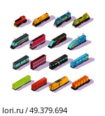Trains isometric set of isolated colorful locomotive freight cars and passenger couch images with shadows vector illustration. Train Carriage Isometric Set. Стоковая иллюстрация, агентство Ingram Publishing / Фотобанк Лори