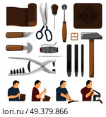 Skinner tools decorative icons set used for scribing cutting sewing leather goods flat vector illustration . Skinner Tools Decorative Icons Set . Стоковая иллюстрация, агентство Ingram Publishing / Фотобанк Лори