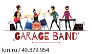Open air festival garage band performance retro cartoon banner with singer guitarist drummer and amplifiers vector illustration . Opened Air Festival Cartoon Banner . Стоковая иллюстрация, агентство Ingram Publishing / Фотобанк Лори