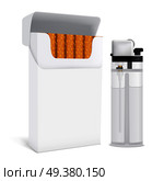 Set for smoking including full open cardboard pack of cigarettes and transparent gas lighter isolated vector illustration. Cigarettes Pack And Lighter Set. Стоковая иллюстрация, агентство Ingram Publishing / Фотобанк Лори
