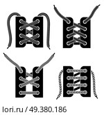 Criss-cross and trendy straight bar army boots shoe lacing 4 black icons set isolated vector illustration . Shoe Lacing Black Icons Set . Стоковая иллюстрация, агентство Ingram Publishing / Фотобанк Лори