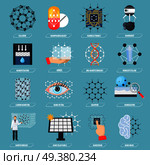 Set of icons with nanotechnologies including electronics, medicine, robots, artificial intelligence on blue background isolated vector illustration. Nanotechnologies Icons Set. Стоковая иллюстрация, агентство Ingram Publishing / Фотобанк Лори