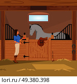 Girl with apple near grey trotter in stall with horseshoes, saddle and whip flat composition vector illustration . Trotter In Stall Flat Composition. Стоковая иллюстрация, агентство Ingram Publishing / Фотобанк Лори