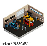 Car repair maintenance autoservice center garage  isometric view interior with mechanics testing lifted vehicles vector illustration . Car Maintenance Service Isometric Interior . Стоковая иллюстрация, агентство Ingram Publishing / Фотобанк Лори
